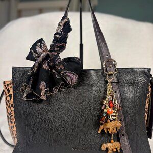 Cole Haan 3 in 1 Black Pebbled Leather Tote, Mini Bag attached, Scarf and Charms